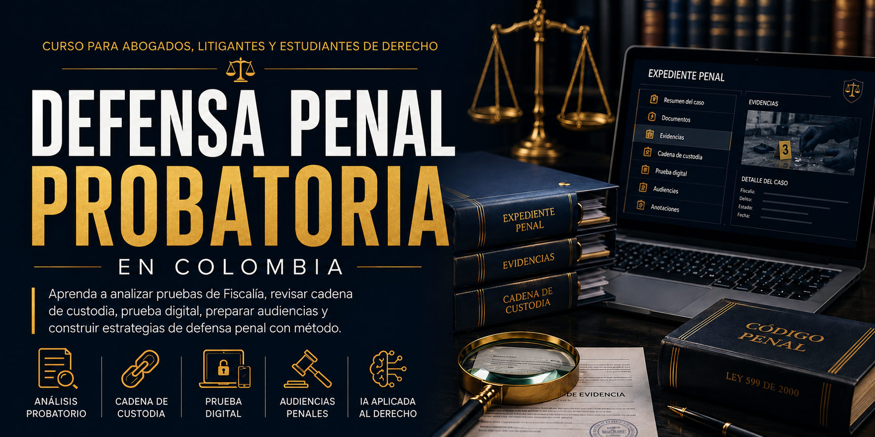 Imagen de portada del curso Defensa Penal Probatoria en Colombia sobre análisis probatorio, cadena de custodia, prueba digital, audiencias penales e IA aplicada al derecho
